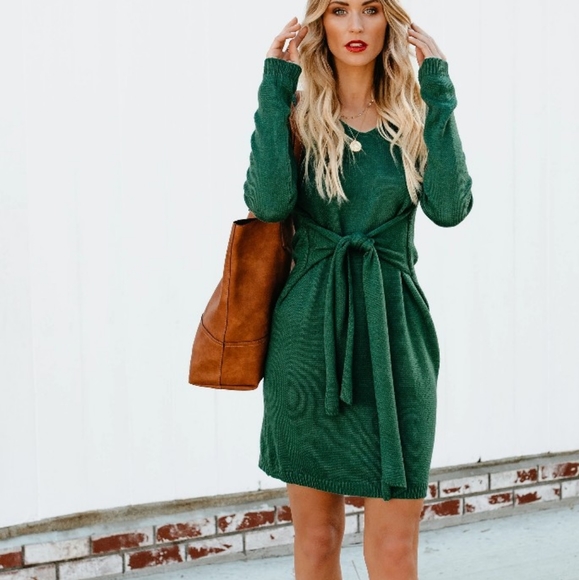 Boutique Dresses & Skirts - New Emerald Belted Knit Mini Dress